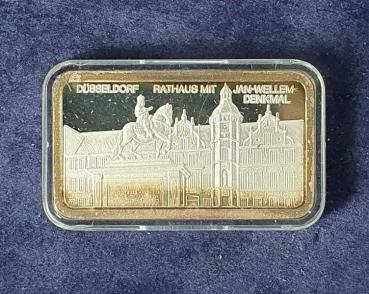 Preview: Historischer Degussa Silberbarren 1 oz, Feinsilber 999 in OVP, Rückseitenmotiv: 700 Jahre Düsseldorf (1)