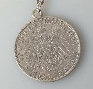Preview: Münzanhänger/ Schlüsselanhänger 3 Mark - Kaiserreich "Otto" 1910 D, 835/ 900er Silber Gewicht: 21,0g