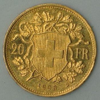 20 SRFS "Vreneli" 1898, Schweiz, 900 Gold