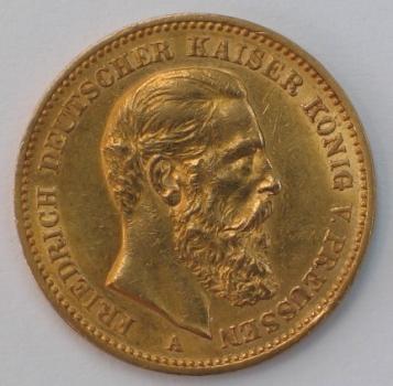 20 Mark "Friedrich von Preussen", Reichsgold, Goldmark 1888, Deutsches Reich, 900er Gold, Berlin
