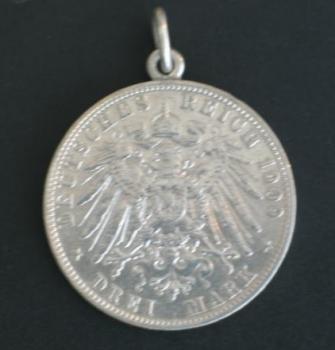 Münzanhänger Drei Mark 1909 J "Hansestadt Hamburg aus 900er Silber