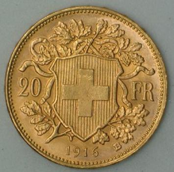 20 SRFS "Vreneli" 1916, Schweiz, 900 Gold