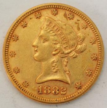 10$ US "Coronet Head" 1882 "Eagle" USA 900er Gold, Philadelphia