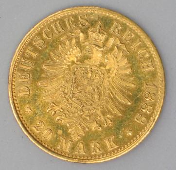 Preview: 20 Mark "Friedrich von Preussen", Reichsgold, Goldmark 1888, Deutsches Reich, 900er Gold, Berlin