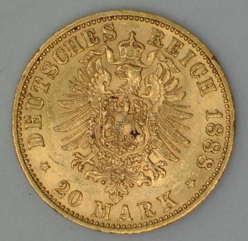 Preview: 20 Mark "Friedrich von Preussen", Reichsgold, Goldmark 1888, Deutsches Reich, 900er Gold, Berlin
