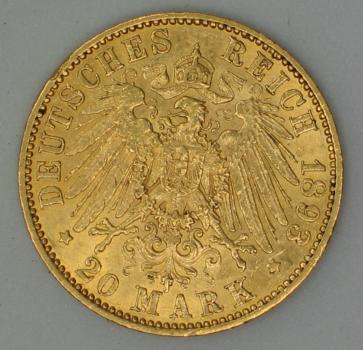 20 Mark "Wilhelm II", Reichsgold, Goldmark 1893, Deutsches Reich, 900er Gold, Berlin