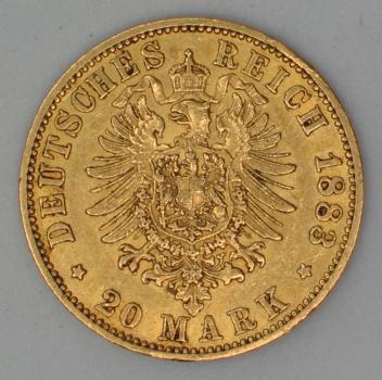 Preview: 20 Mark "Wilhelm von Preussen", Reichsgold, Goldmark 1883, Deutsches Reich, 900er Gold, Berlin