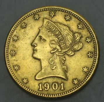 10$ US "Coronet Head" 1901 S "Eagle" USA 900er Gold, San Francisco