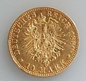 10 Mark "Wilhelm von Preussen", Reichsgold, Goldmark 1880, Deutsches Reich, 900er Gold, Berlin