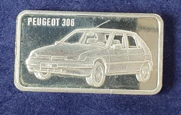 Historischer Heraeus Silberbarren 1 oz, Feinsilber 999, Rückseitenmotiv: Peugeot 306