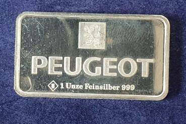 Preview: Historischer Heraeus Silberbarren 1 oz, Feinsilber 999, Rückseitenmotiv: Peugeot 306
