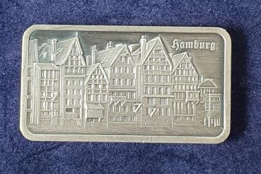Historischer Heraeus Silberbarren 1 oz, Feinsilber 999, Rückseitenmotiv: Hamburg