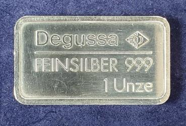 Historischer Degussa Silberbarren 1 oz, Feinsilber 999, Rückseite: VW Käfer 1952