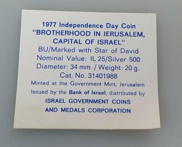 Preview: 1977 Independence Day Coin Brotherhood in Jerusalem, Silber 500er