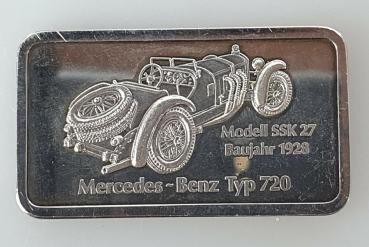 Preview: Historischer Degussa Silberbarren 1 oz, Feinsilber 999, Rückseitenmotiv: Mercedes SSK 27