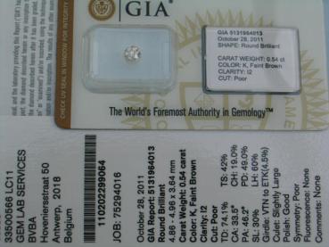 Preview: Diamant im Brillantschliff 0.54 ct/ I2 mit GIA Report Faint Brown / K Laser Inscription Registry