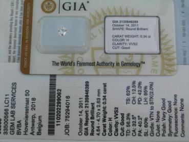 Preview: Diamant im Brillantschliff 0.34 ct/ "H" VVS2 mit GIA Report