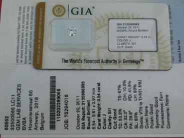 Preview: Diamant im Brillantschliff "J" 0.54 ct/ SI 1 mit GIA Report und Laser Inscription Registry