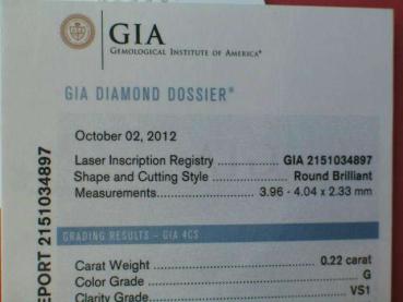 Preview: Diamant im Brillantschliff 0.22 ct. / VS1/ mit GIA Report