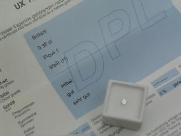 Diamant im Brillantschliff. 0.36 ct / P1 Farbe: H, Schliff: F/ G/ VG incl. DPL Report Idar-Oberstein