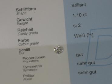 Diamant im Brillantschliff. 1.10 ct / H/ si2/ G/ VG/ VG/ DPL Report