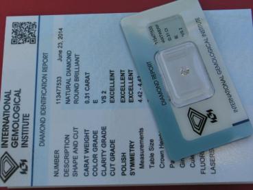 Preview: Diamant im Brillantschliff 0.31 ct, 3x Excellent! mit IGI Report, Lasergravur