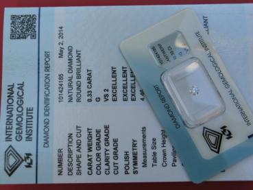 Preview: Diamant im Brillantschliff 0.33 ct, 3x Excellent! mit IGI Report, Lasergravur