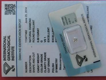 Preview: Diamant im Brillantschliff 0.50 ct, 3x Excellent! mit IGI Report, Lasergravur
