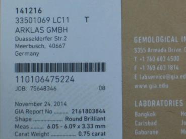 Diamant im Brillantschliff 0.75 ct. Color F, Clarity: VS1 mit GIA Report, Laser Inscription