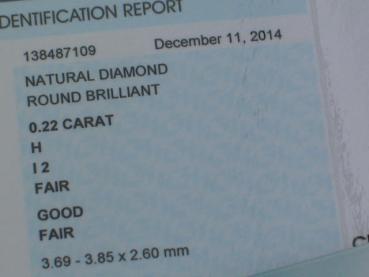 Preview: Diamant im Brillantschliff 0.22 ct/ H/ I2/ F/ G/ F/ N mit IGI Report