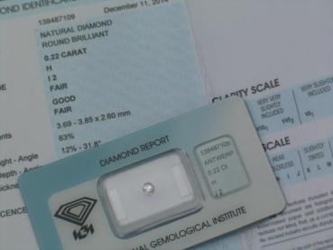 Preview: Diamant im Brillantschliff 0.22 ct/ H/ I2/ F/ G/ F/ N mit IGI Report