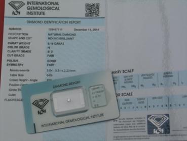 Diamant im Brillantschliff 0.15 ct/ H/ SI2/ F/ G/ F/ N mit IGI Report