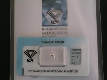 Diamant im Brillantschliff 0.53 ct/ F/ SI1/ F/ G/ G/ N mit IGI Report