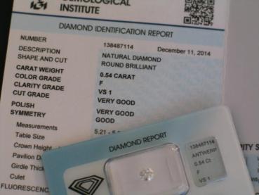Preview: Diamant im Brillantschliff "F" 0.54 ct / VS1/ VG/ VG/ G/ N mit IGI Report
