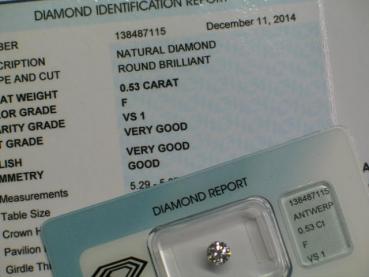 Diamant im Brillantschliff 0.53 ct/ F/ VS1/ VG/ VG/ G/ N mit IGI Report