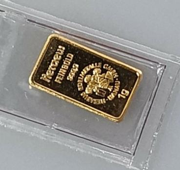 1 Gramm Goldbarren Heraeus 999,9 Feingold, Rückseite Baum in OVP