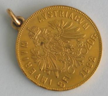 Münzanhänger "8 Florin - 20 Franken, Kaiser Franz-Joseph I" Österreich, 900er Gold