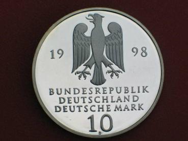 10 DM Gedenkmünze "300 Jahre Franckesche Stiftungen " aus 925er Sterlingsilber mit Goldapplikation 1998