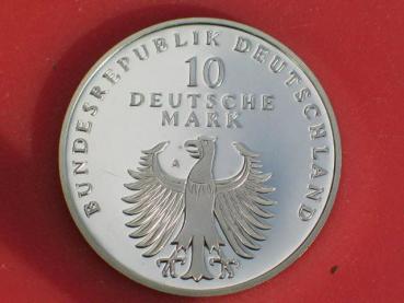 10 DM Gedenkmünze "50 Jahre Deutsche Mark" aus 925er Sterlingsilber mit Goldapplikation 1998