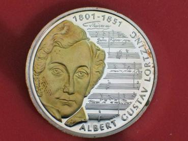 10 DM Gedenkmünze "Albert Gustav Lortzing 1801-1851" aus 925er Sterlingsilber mit Goldapplikation 2001