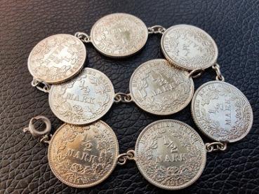 Münzarmband mit 8x 1/2 Mark Kaiserreich Münzen aus 900er Silber, Gewicht: 23,4 Gramm