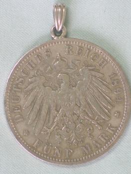 Münzanhänger Fünf Mark "Wilhelm II - Preussen" 1894 A aus 900er Silber