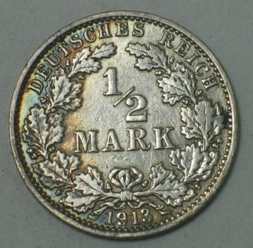 1/2 Mark 1913 J, Deutschland - Silber