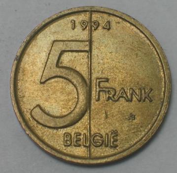 5 Franken, 1994, Legende in niederländisch - "België", Belgien 1994-2001