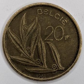 20 Franc 1981,Legende in niederländisch-"Belgie", König Baudouin I, Belgien