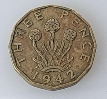 3 Pence -Three Pence- 1942, König Georg VI, Großbritannien