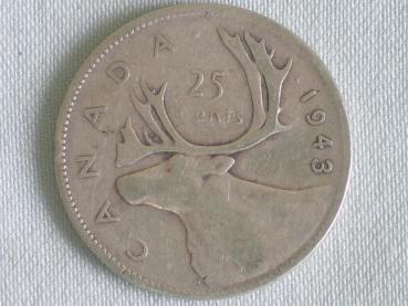 25 Cents "George VI - Caribou" 1943 aus 800er Silber