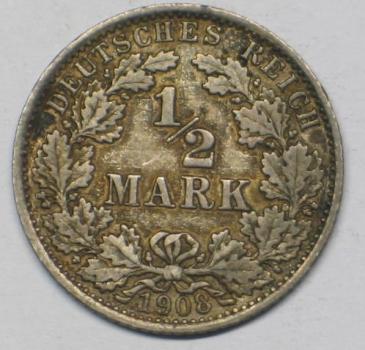 1/2 Mark 1908 A Deutsches Reich, 900er Silbermünze