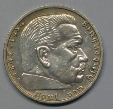 Preview: 5 Reichsmark Drittes Reich "Hindenburg" 1935 E aus 900er Silber
