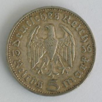 Preview: 5 Reichsmark "Hindenburg" III Reich 1936 F aus 900er Silber